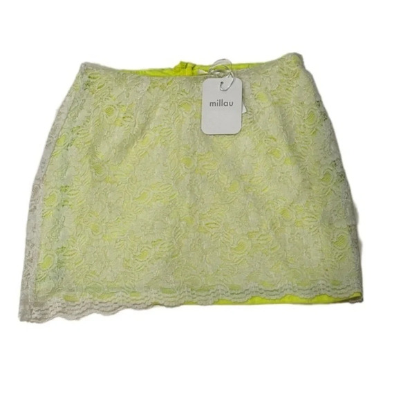 MILLAU NEON YELLOW WHITE LACE SMALL MINI SKIRT​ NWT - Picture 2 of 11